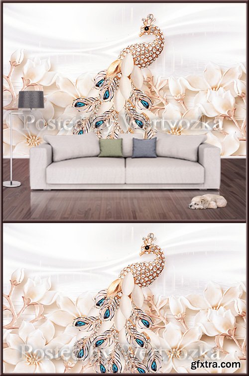 3D psd background wall Golden Peacock with jewels and flowers