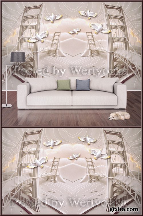 3D psd background wall birds over the bridge