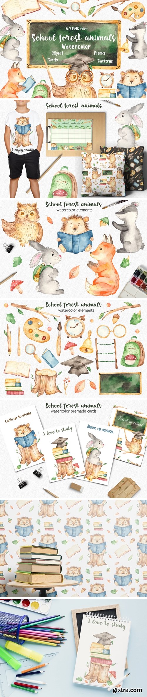 Watercolor school forest animals collection