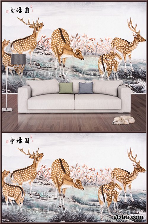 3D psd background wall nature deer