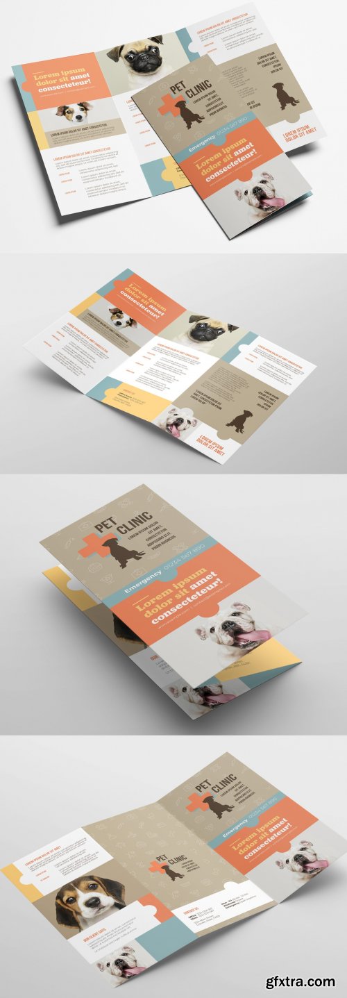 Trifold Brochure Layout with Pet and Vet Service Themed Illustrations 319811864