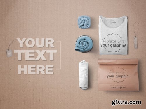 3 Rolled T-Shirts and 1 Folded T-Shirt with Paper Bag Mockup 319878078