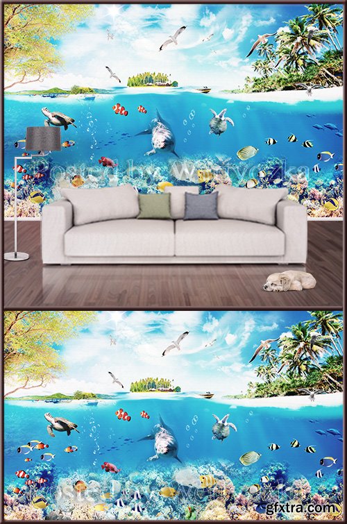 3D psd background wall dolphins fish ocean