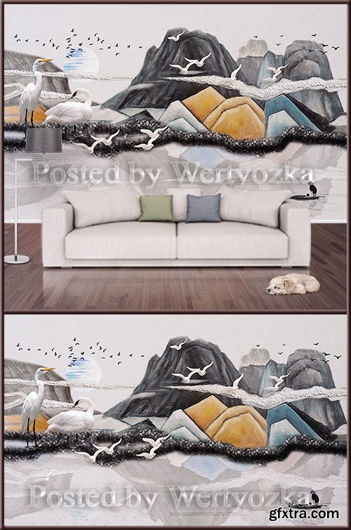 3D psd background wall mountains and birds