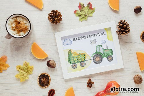 Watercolor harvest tractor Clipart, cards, pattern