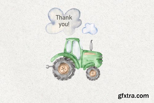 Watercolor harvest tractor Clipart, cards, pattern