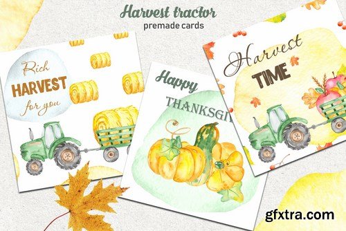 Watercolor harvest tractor Clipart, cards, pattern