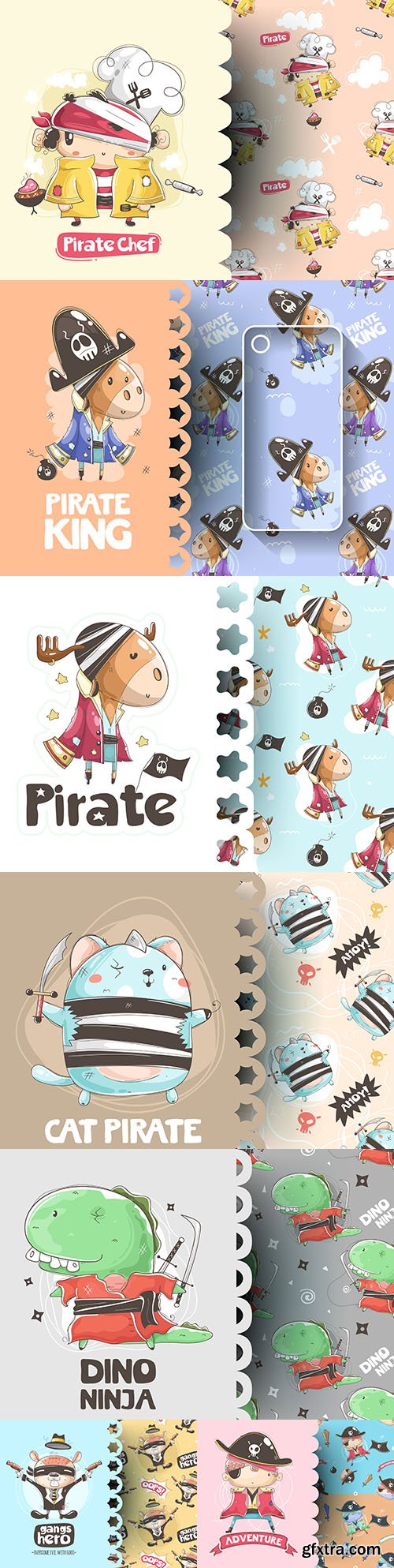 Cute characters in pirate suit design t-shirt
