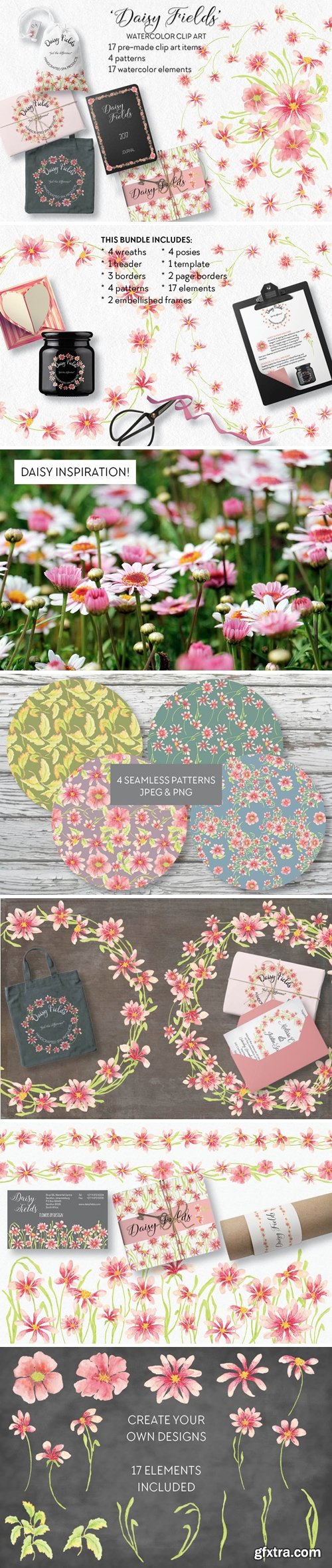 Daisy Fields Watercolor Clip Art Bundle