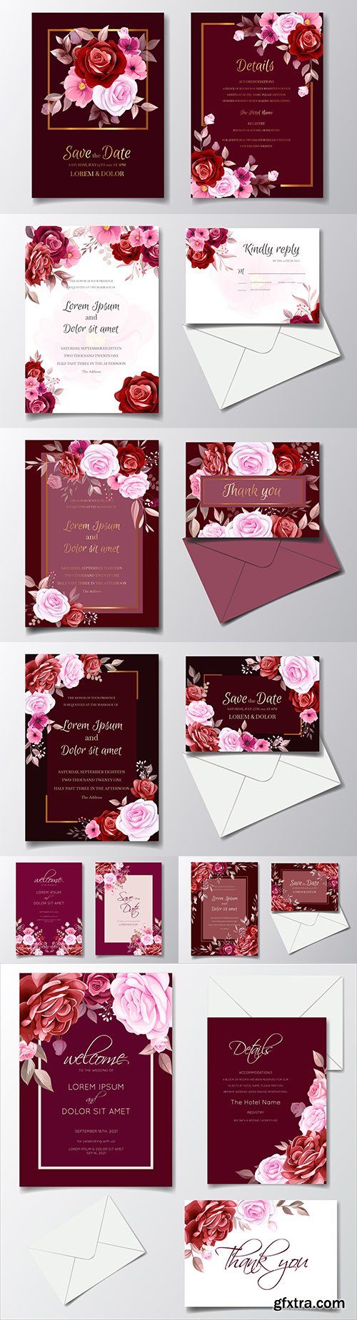 Romantic wedding invitation template with flowers
