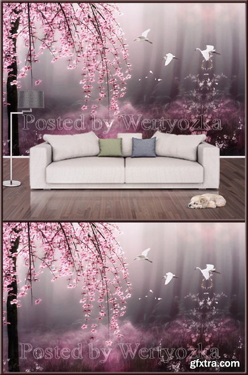 3D psd background wall beautiful cherry tree