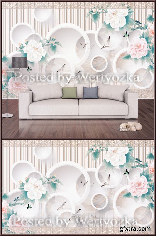 3D psd background wall circles and peonies