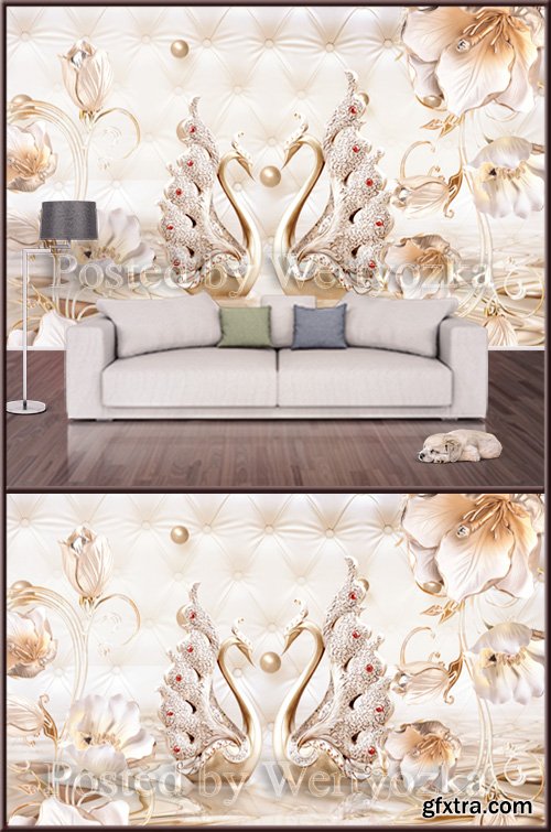 3D psd background wall swans and luxurious flowers