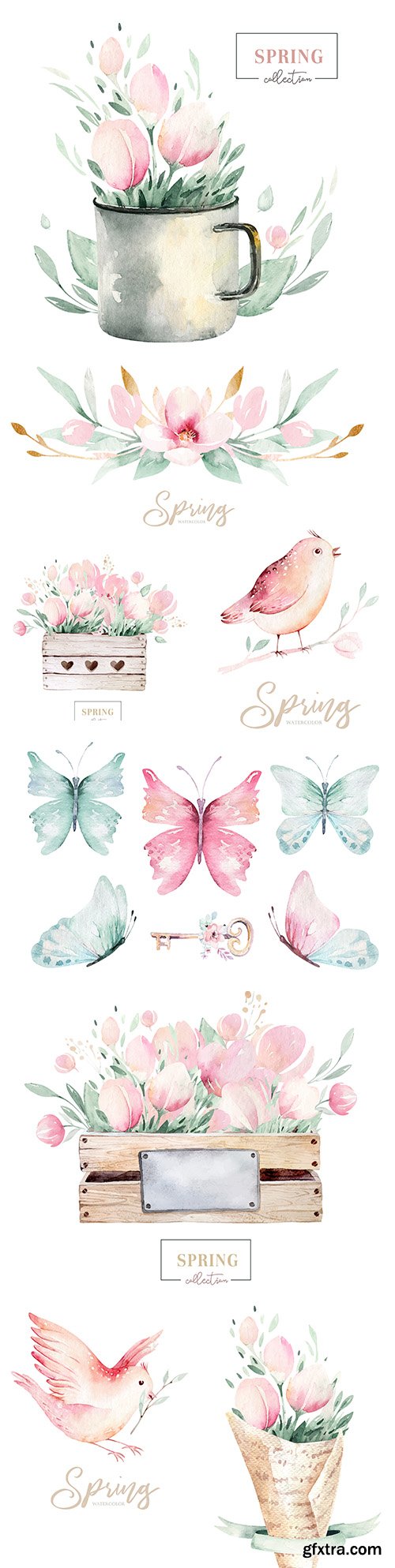 Spring bouquet flowers and birds watercolor design
