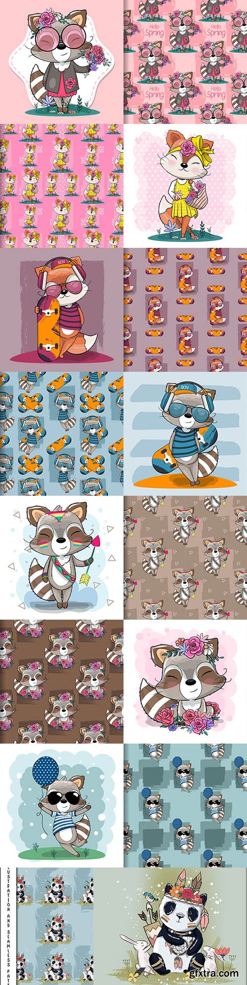 Cute cartoon animals and seamless background 10
