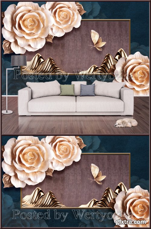 3D psd background wall butterfly flowers