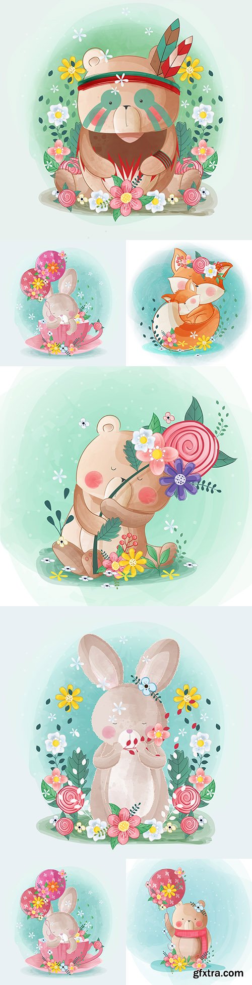 Cute little animals with flowers drawn illustrations
