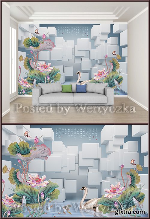 3D psd background wall lotus and  swans