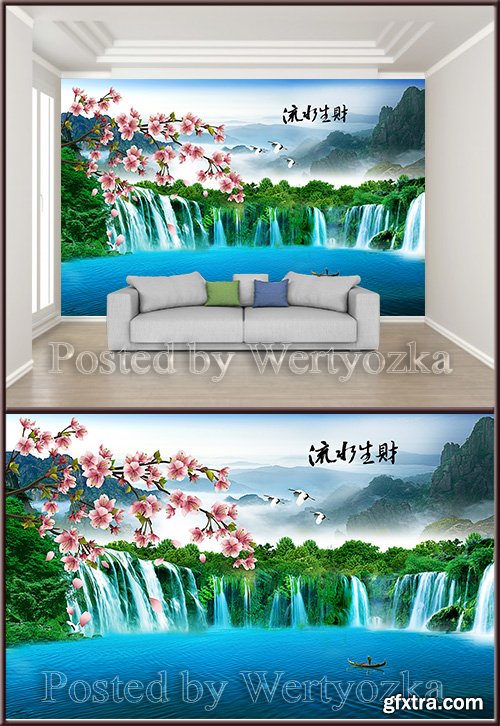 3D psd background wall waterfall flowering tree