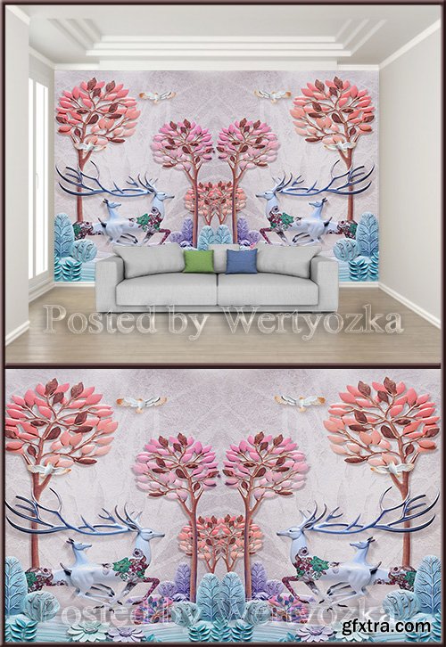 3D psd background wall creative deer trees