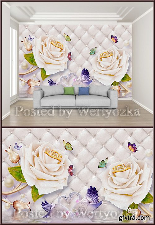 3D psd background wall roses swans butterflies