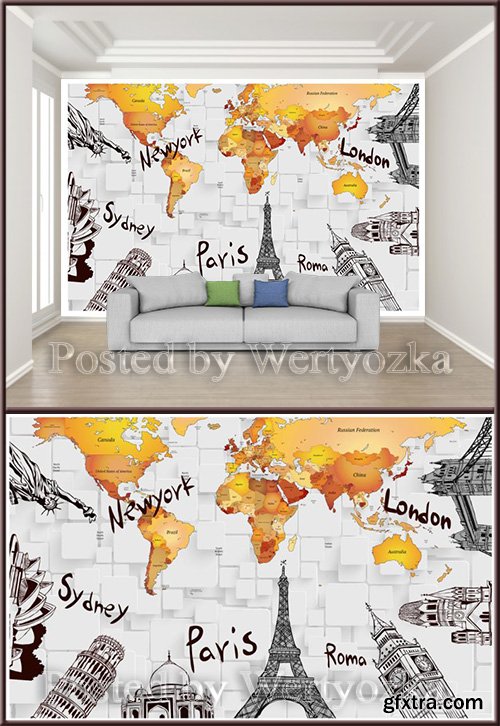 3D psd background wall countries of the world