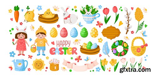 Cartoon Happy Easter Day Vector Set