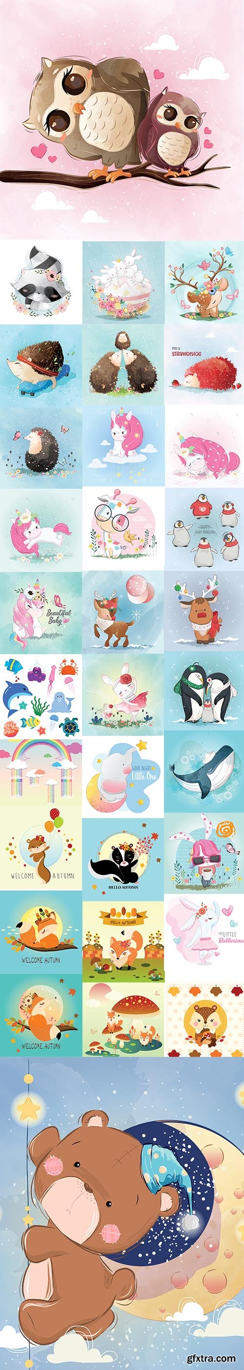 Funny Cartoon Little Animals Vector Illustration Set