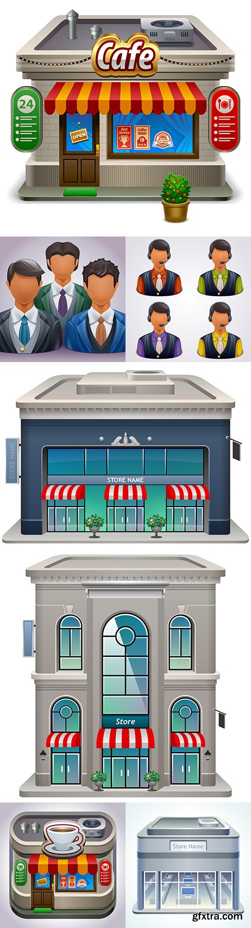 Store facades, coffee shop and user icons
