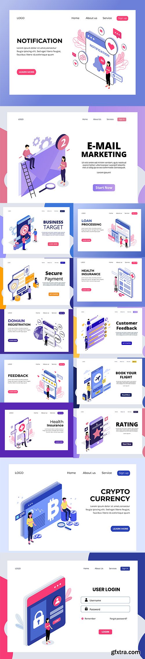 Isometric Landing Page Notification Vector Set