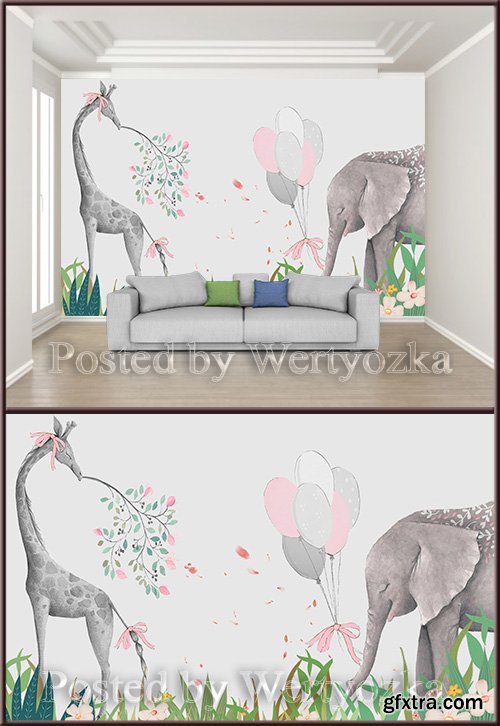 3D psd background wall elephant and giraffe