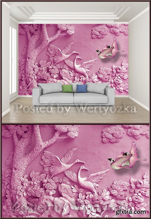 3D psd background wall carved trees birds