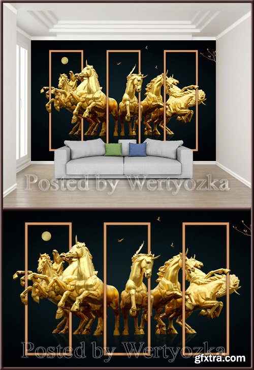 3D psd background wall golden horse