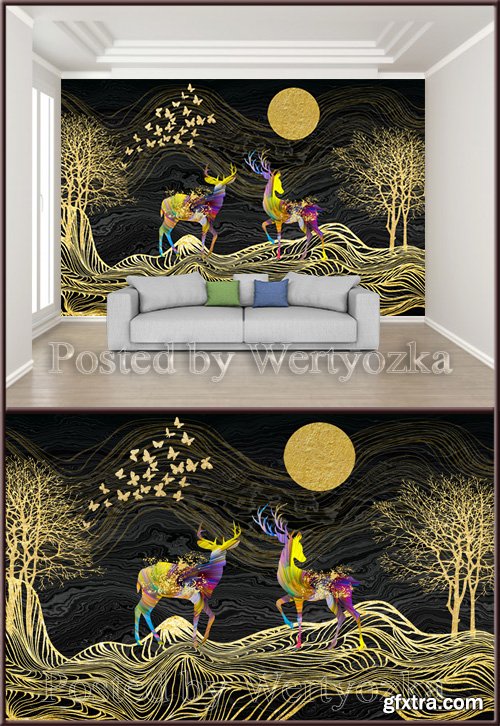 3D psd background wall deer and gold decor