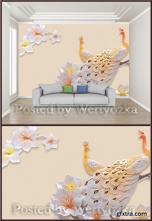 3D psd background wall peacock magnolia