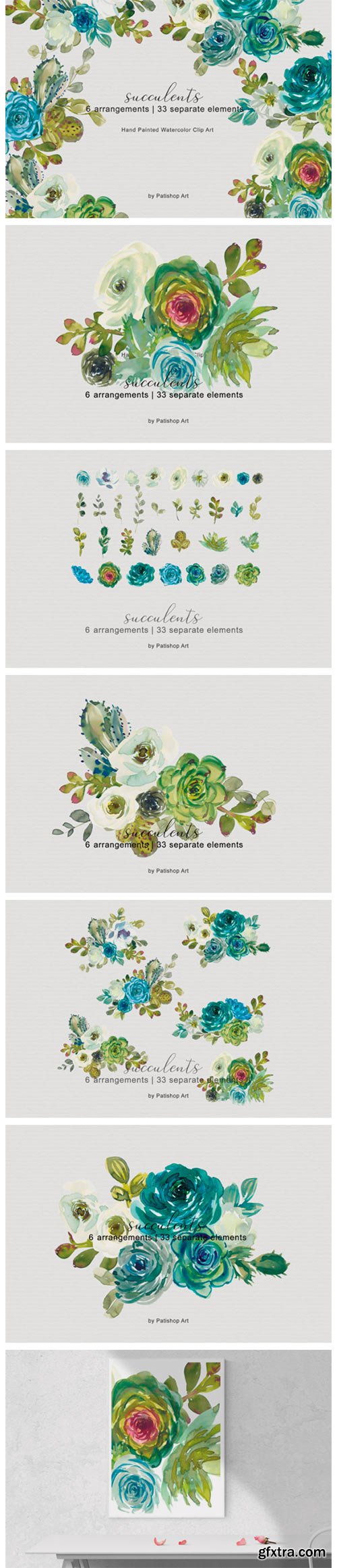 Turquoise Watercolor Succulents Set 3190930