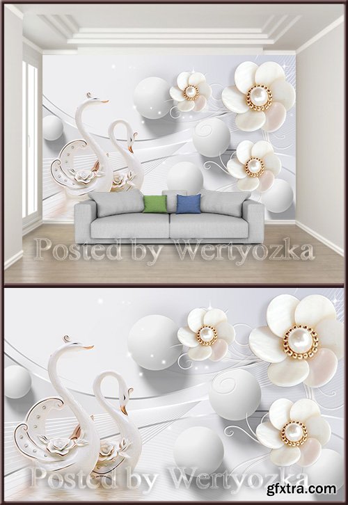 3D psd background wall swan romantic pearl jewelry