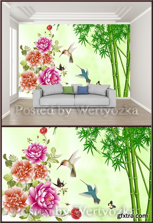 3D psd background wall safflower bird green bamboo