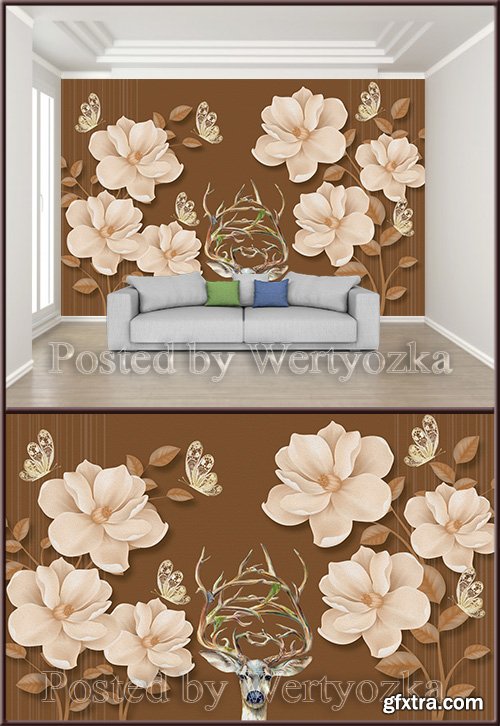 3D psd background wall beautiful flower butterfly deer