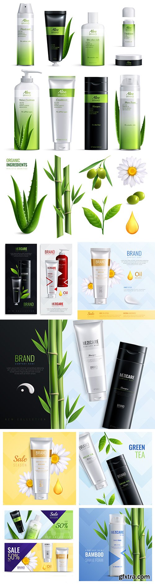 Organic cosmetics and ingredients realistic set design
