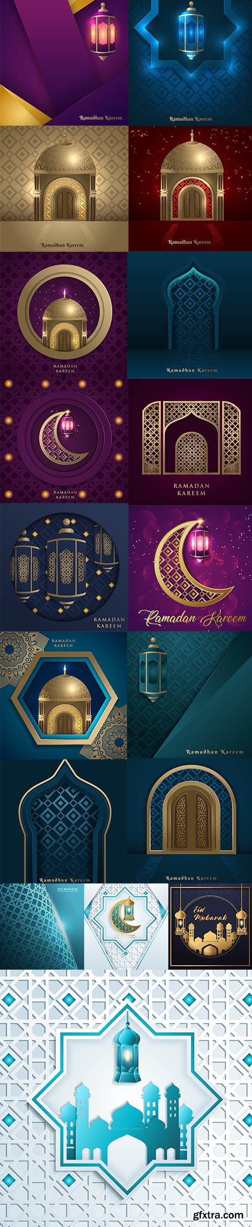 Vector Illustration Set of Ramadan Kareem Greeting Card Template