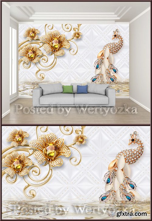 3D psd background wall diamond jewel peacock