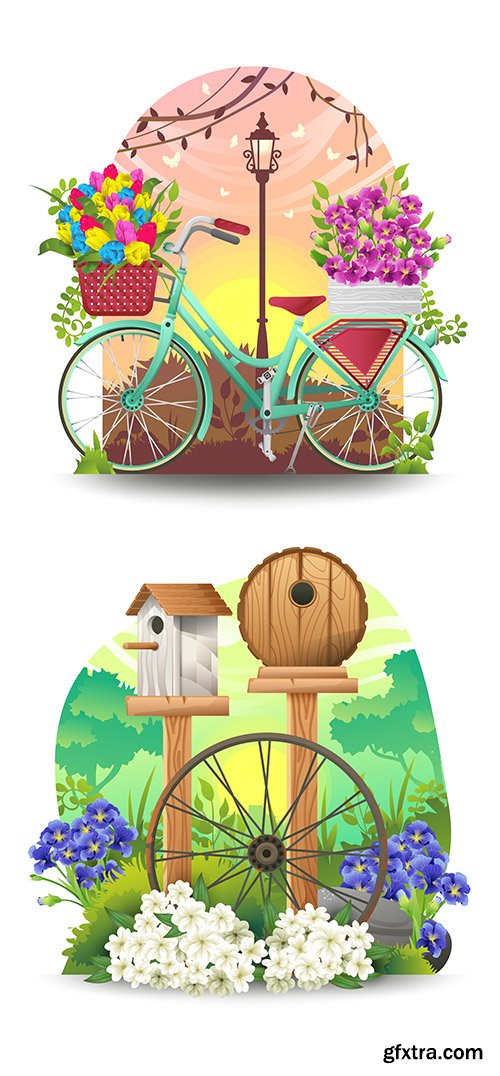 Bicycle and Spring Flowers Illustration 