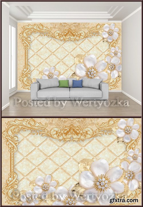 3D psd background wall pattern jewels flowers