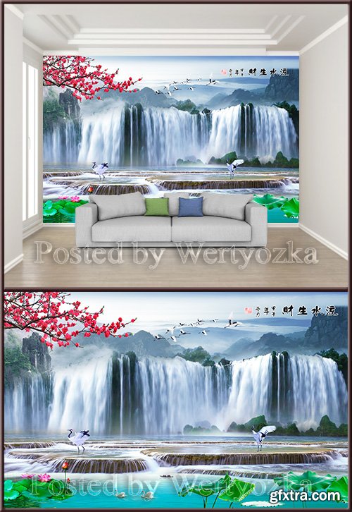 3D psd background wall chinese painting flowing water