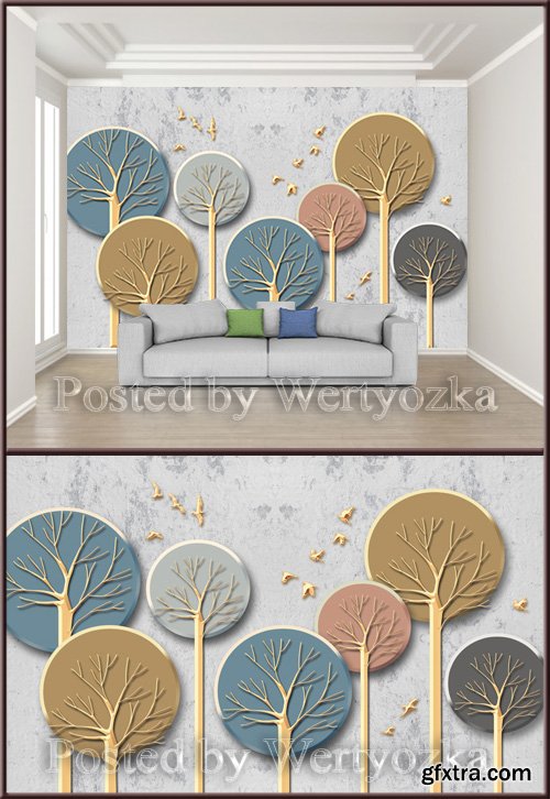 3D psd background wall metal wood tree stone