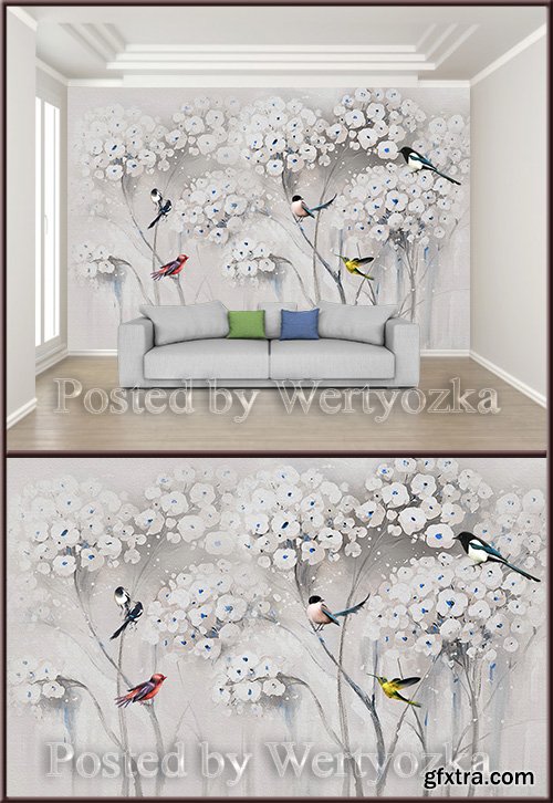 3D psd background wall beautiful flower bird