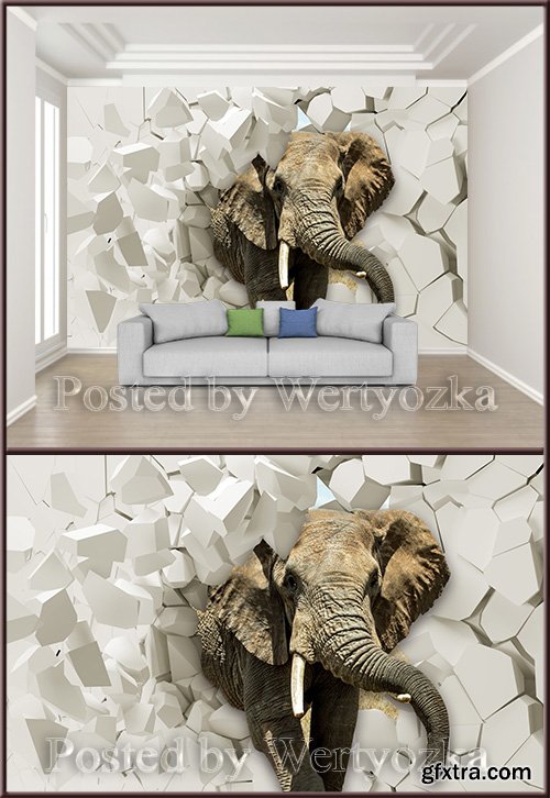 3D psd background wall embossed elephant breaks