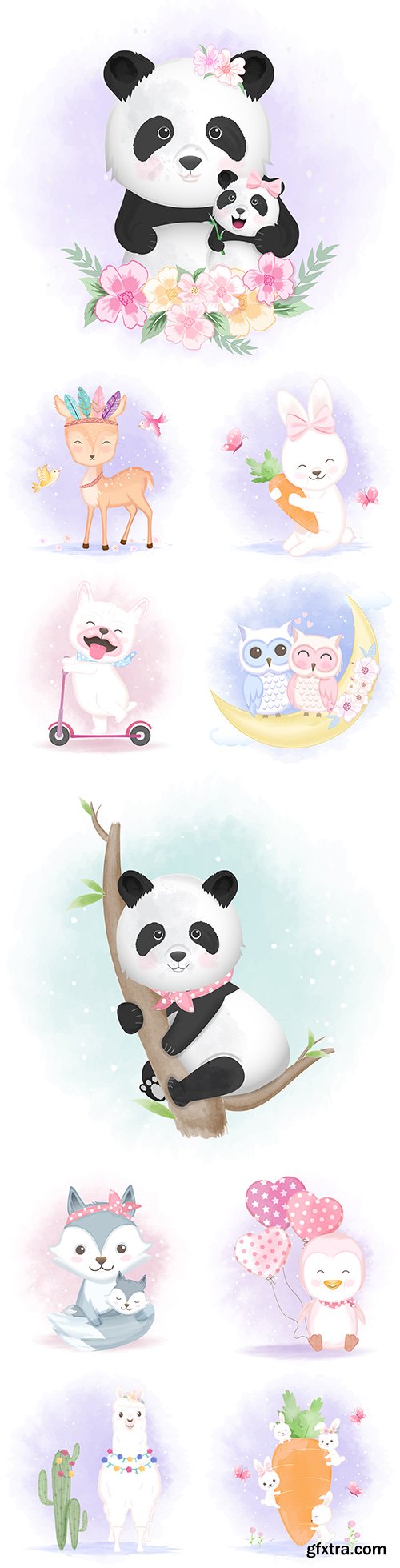 Funny animals cartoon watercolor with flowers illustrations 34
