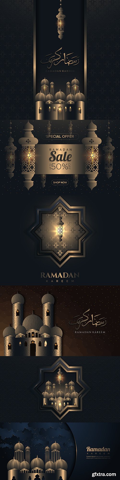 Ramadan Kareem with mosque and night sky background
